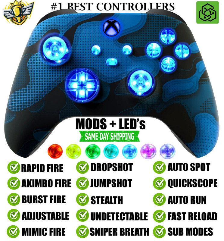 MODS + LEDs Camo Blu Rapid Fire Wireless Modded Controller for Xbox Series X S