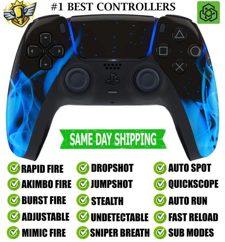 Glossy Blue Flames Silent Modz Rapid Fire Mod Wireless Modded Controller for PS5