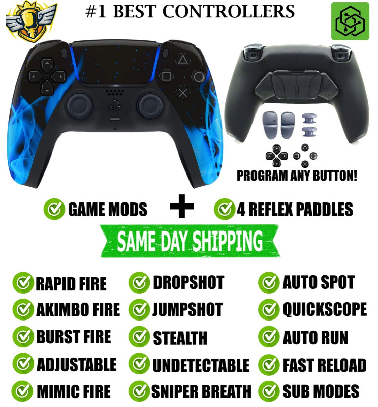 Blue Flames Pro V4 Modded + 4 Paddles Silent Modz Wireless Controller for PS5