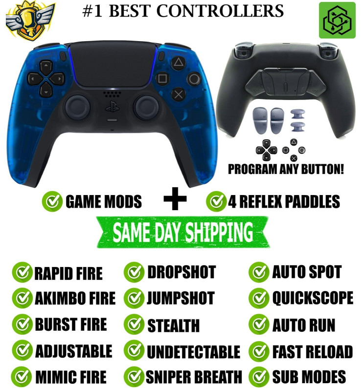 Clear Blue Pro V4 Modded + 4 Paddles Silent Modz Wireless Controller for PS5
