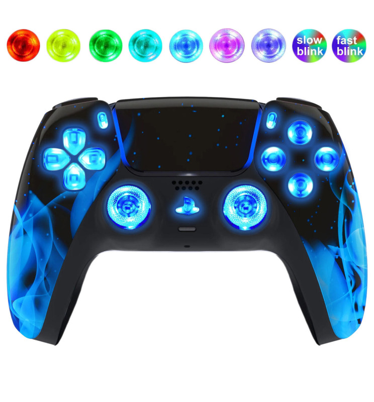 Blue Flames Silent Modz LED Light Up Buttons Wireless Custom Controller for PS5