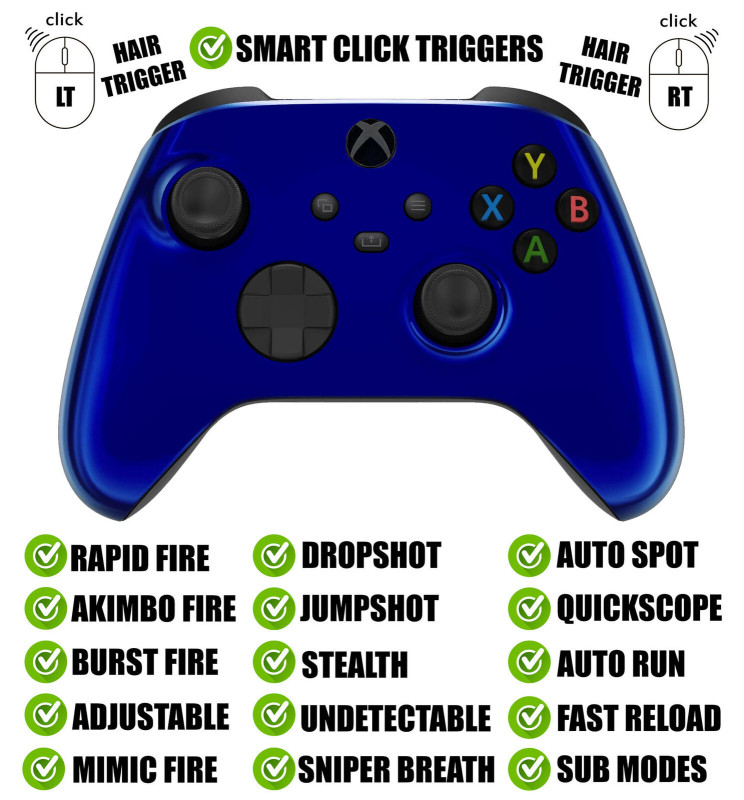 Chrome Blue Silent Modz Smart Click Triggers Modded Controller for Xbox & PC