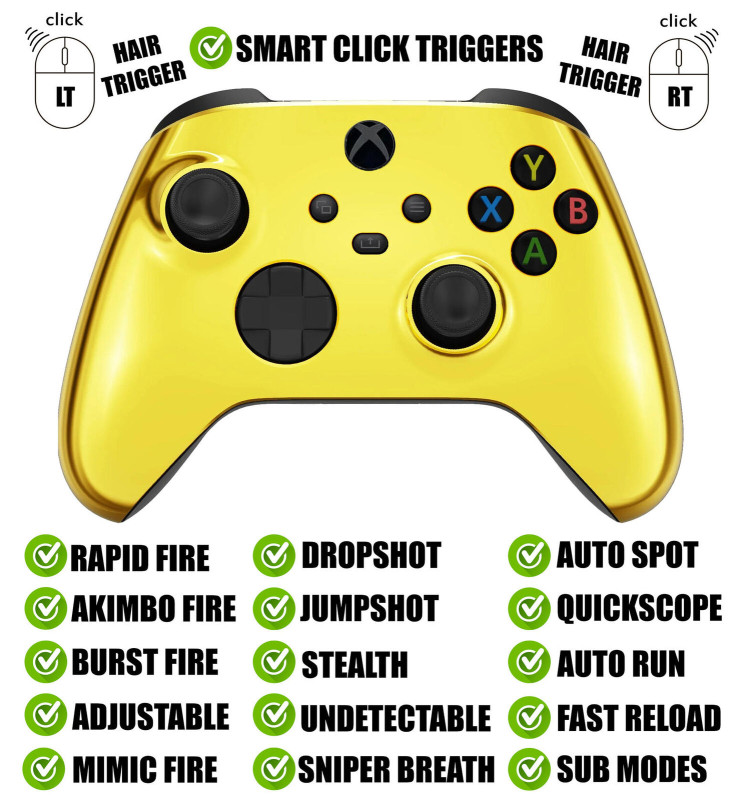 Chrome Gold Silent Modz Smart Click Triggers Modded Controller for Xbox & PC