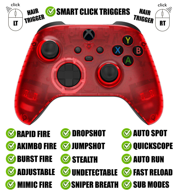 Clear Red Silent Modz Smart Click Triggers Modded Controller for Xbox & PC