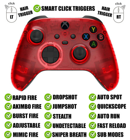 Clear Red Silent Modz Smart Click Triggers Modded Controller for Xbox & PC