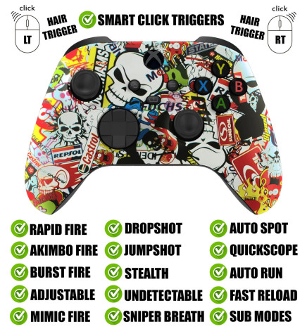 Sticker Bomb Silent Modz Smart Click Triggers Modded Controller for Xbox & PC