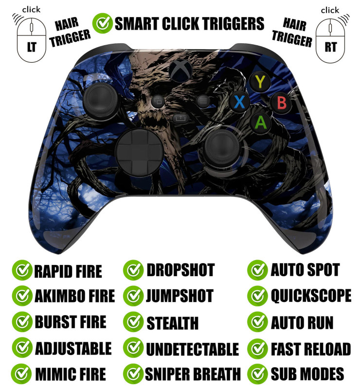 Tree Skull Glow Silent Modz Smart Click Triggers Modded Controller for Xbox & PC