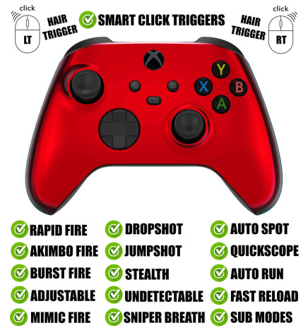 Chrome Red Silent Modz Smart Click Triggers Modded Controller for Xbox & PC