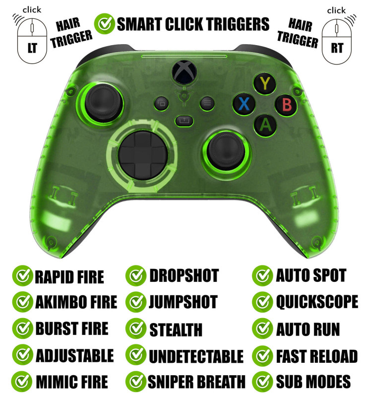 Clear Green Silent Modz Smart Click Triggers Modded Controller for Xbox & PC