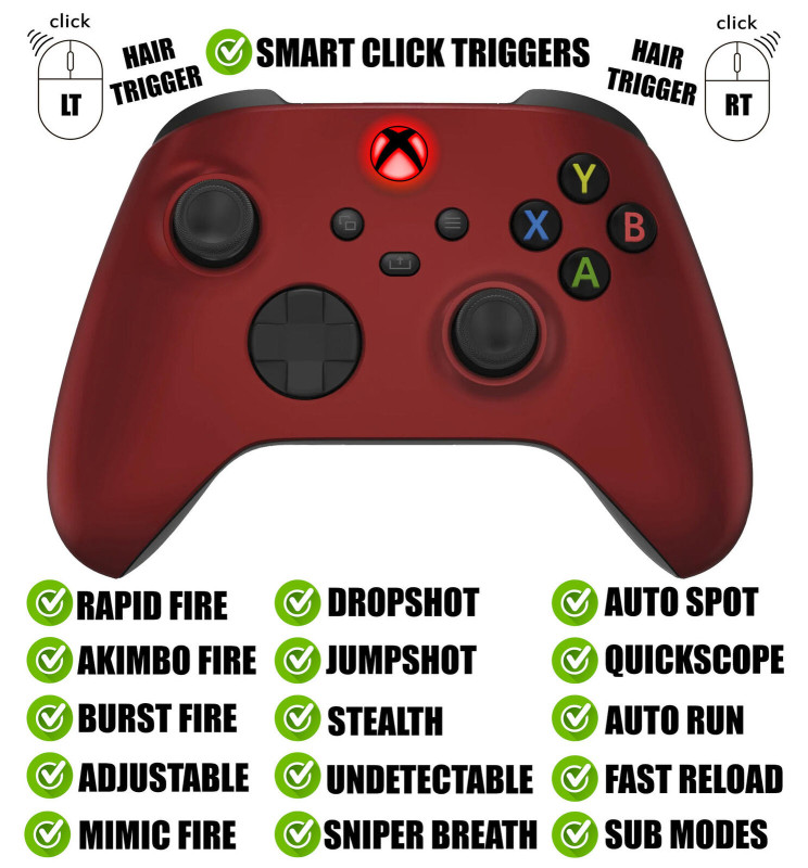 LED + SOFT Red Silent Modz Smart Click Triggers Modded Controller for Xbox & PC